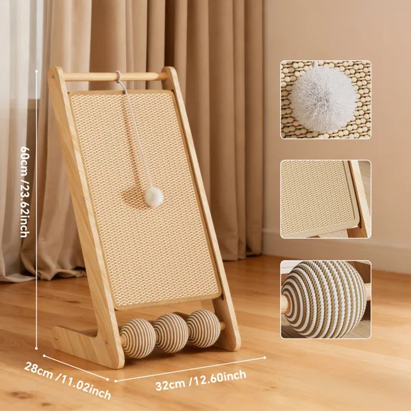 L-shaped sisal cat scratcher with hanging ball, satisfies cats' scratching and playing instincts
