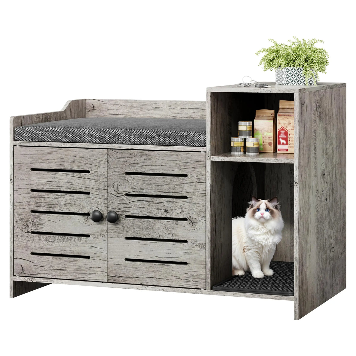 Farmhouse Cat Litter Box Enclosure Scratch Pad Storage Cabinet