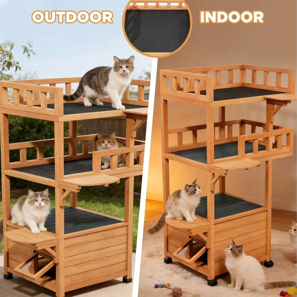 Multi-Tier Outside Cat Tree Tower Weatherproo with Enclosed Condo & Jumping Platorms, Wooden Cat House eral Cat Shelter or Multi