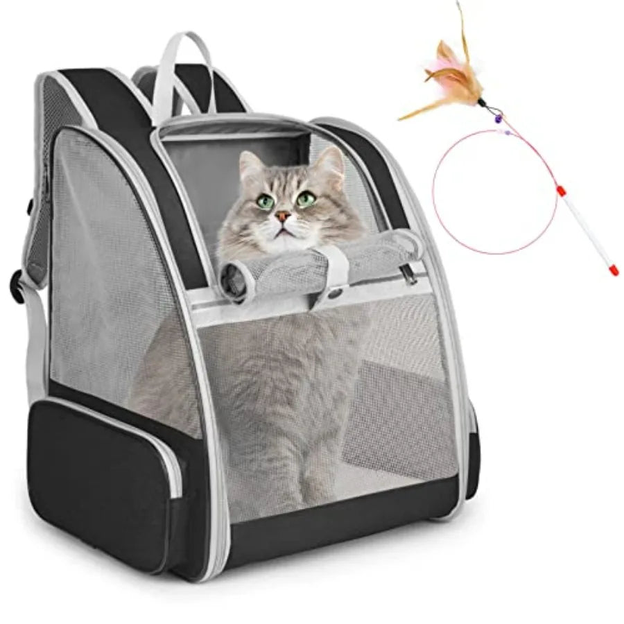 Cat Backpack Carrier For Pets With Kitten Wand Feather Toy