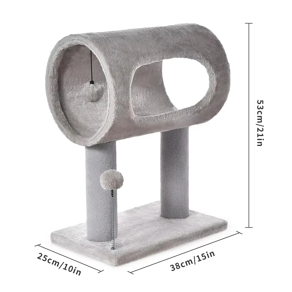 Modern Cat Tree with Plush Tunnel and Scratching Post, Indoor Cat Tower with Hanging Ball Toy for Kittens and Cats