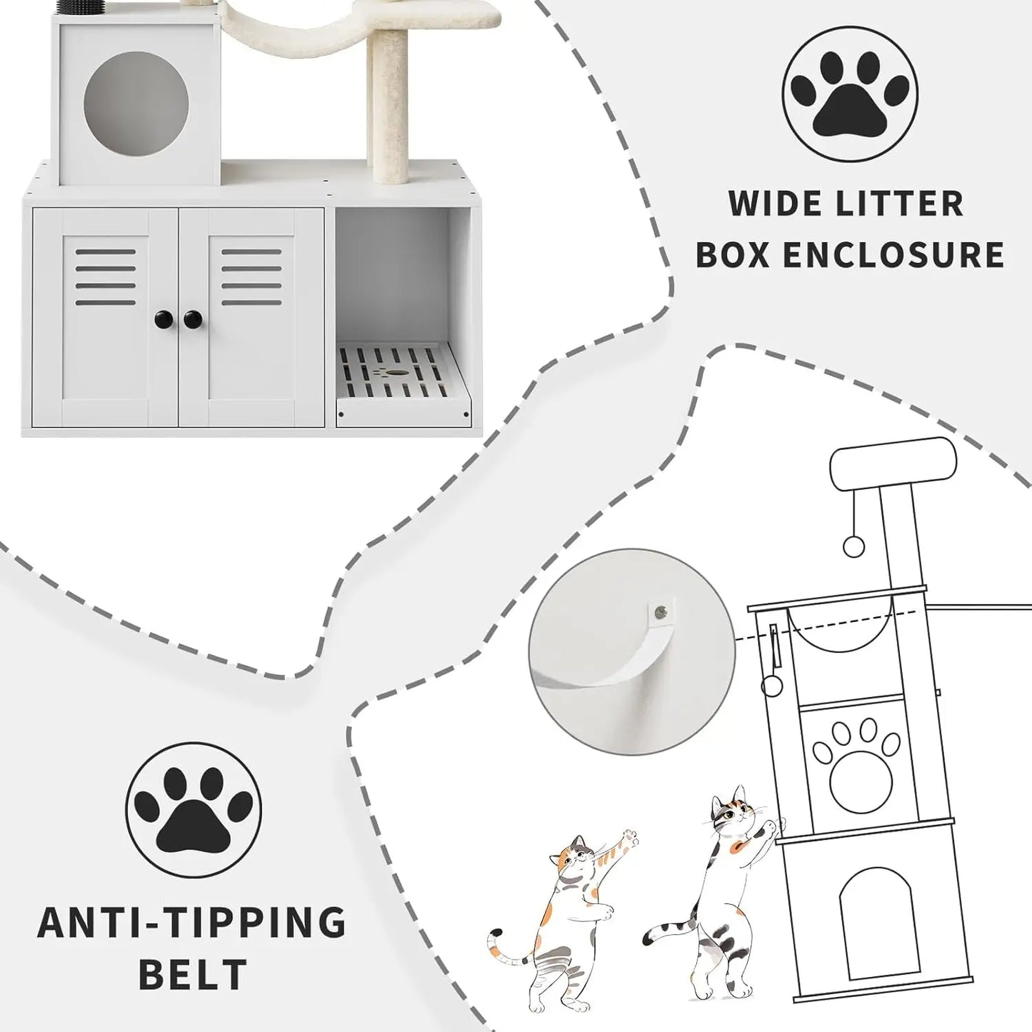 55-Inch Litter Box Enclosure with Cat Tree, 2-in-1 Modern Large Cat Tower for Indoor Cats with Condo/Hammock/Scratching Post/Plush Perch/Caves, Wooden Hidden Litter Box Furniture, White