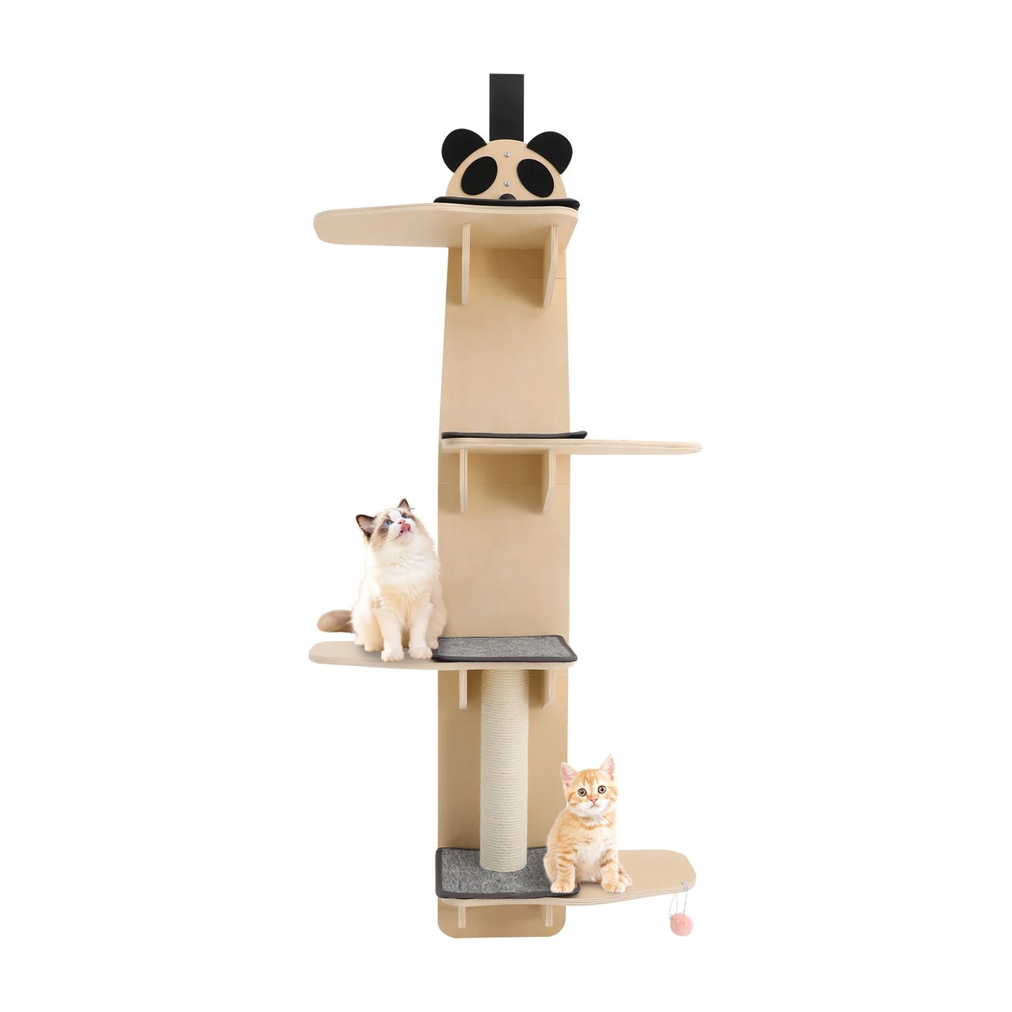 Light Wood Color Panda Head Solid Wood Cat Door Hanger 4-tier Door Hanging Cat Climber with Tease Ball Cat Tree Tower for Cats To Climb, Scratch, Play, Rest