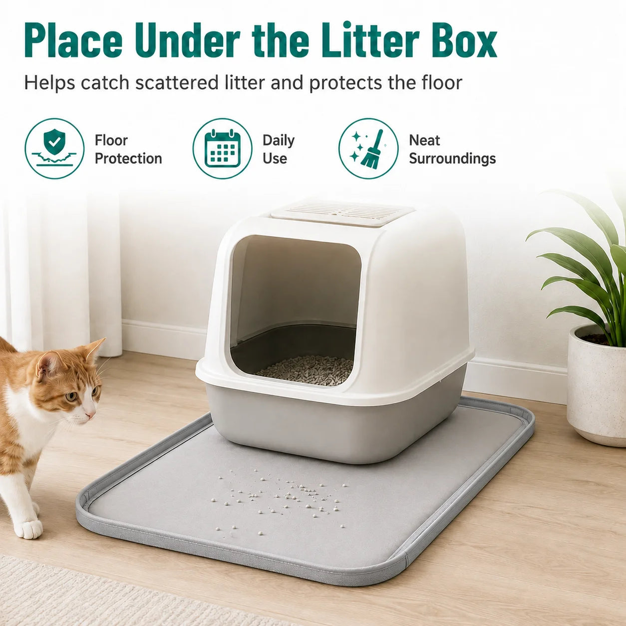 Cumrige Waterproof Cat Litter Box Pad, Raised Edge Leak Proof Urine Mat, Washable Reusable Anti-Spill Litter Trapping Mat, Floor Carpet Protector Accessory for Automatic Self-Cleaning Cat Litter Box