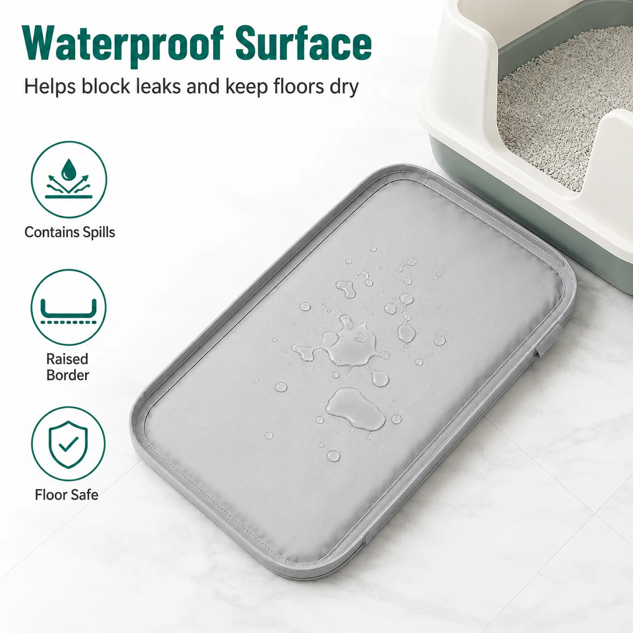 Cumrige Waterproof Cat Litter Box Pad, Raised Edge Leak Proof Urine Mat, Washable Reusable Anti-Spill Litter Trapping Mat, Floor Carpet Protector Accessory for Automatic Self-Cleaning Cat Litter Box