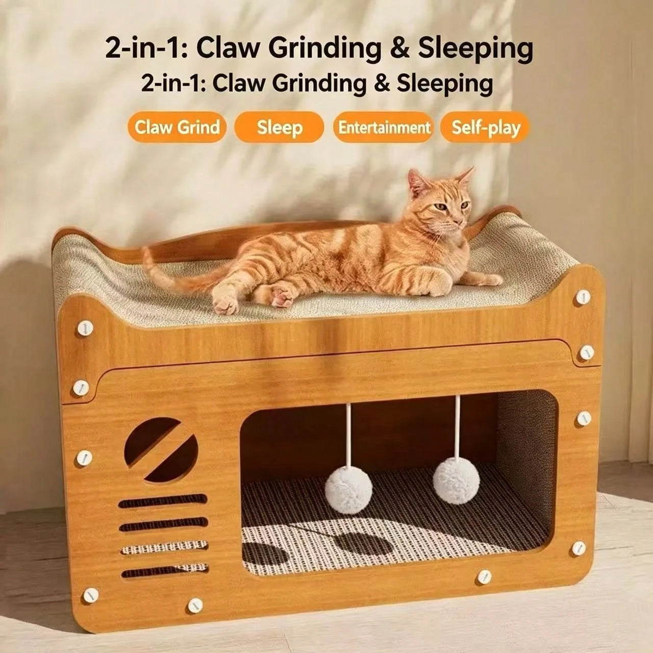 2 In 1 Double Layer Cardboard Cat Scratcher Lounge Bed Bubble Fish Star Moon Double Cat Head Pattern Detachable Upper Platform Cat Hideaway With 2 Hanging Pom Pom Balls For Multi Cat Households