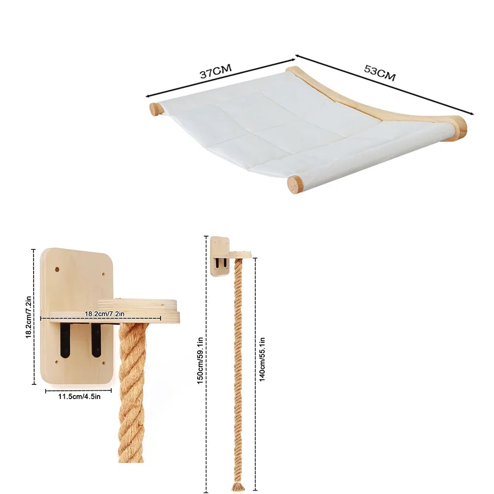 Wall Mounted Cat Hammock Set Multi Functional Climbing Shelves Perches Sisal Scratching Wooden Steps Ladder Large Cat Furniture Kit for Indoor Cats Sleeping Playing