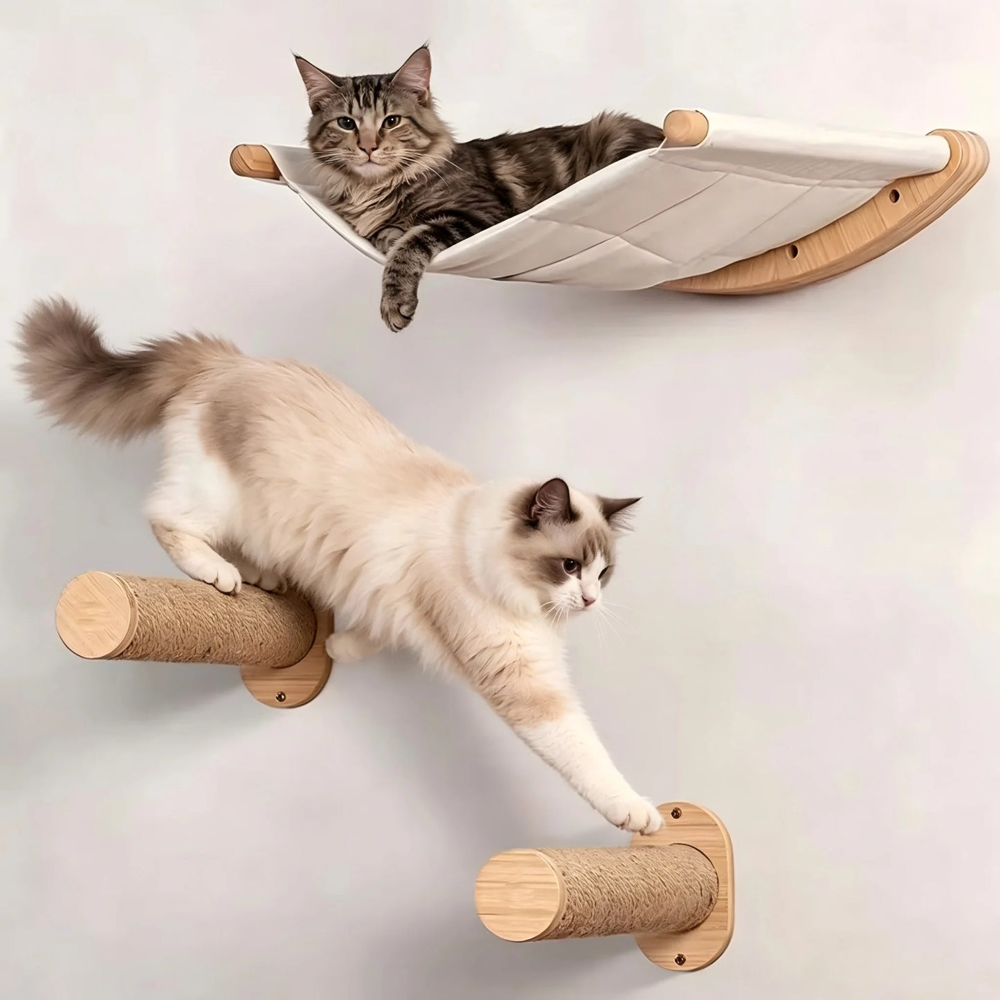 Wall Mounted Cat Hammock Set Multi Functional Climbing Shelves Perches Sisal Scratching Wooden Steps Ladder Large Cat Furniture Kit for Indoor Cats Sleeping Playing