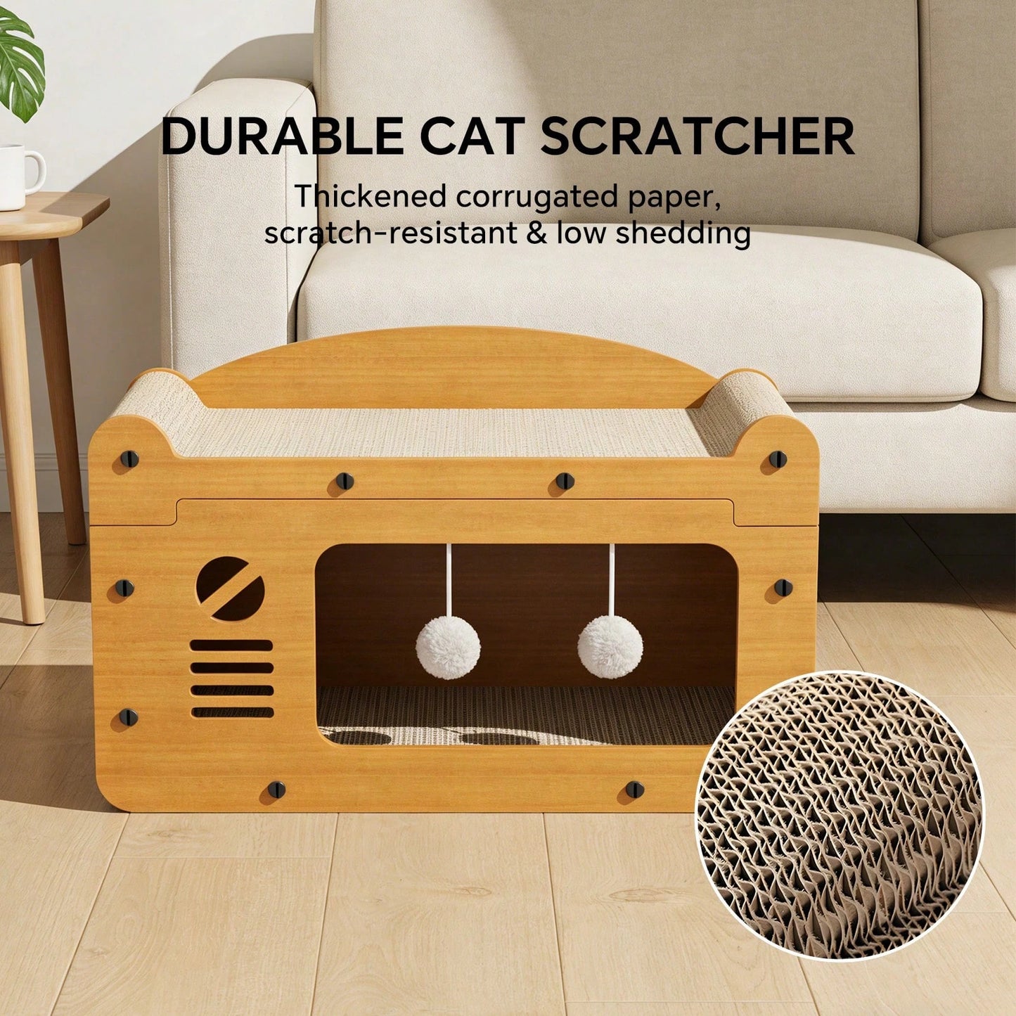 2 In 1 Double Layer Cardboard Cat Scratcher Lounge Bed Bubble Fish Star Moon Double Cat Head Pattern Detachable Upper Platform Cat Hideaway With 2 Hanging Pom Pom Balls For Multi Cat Households