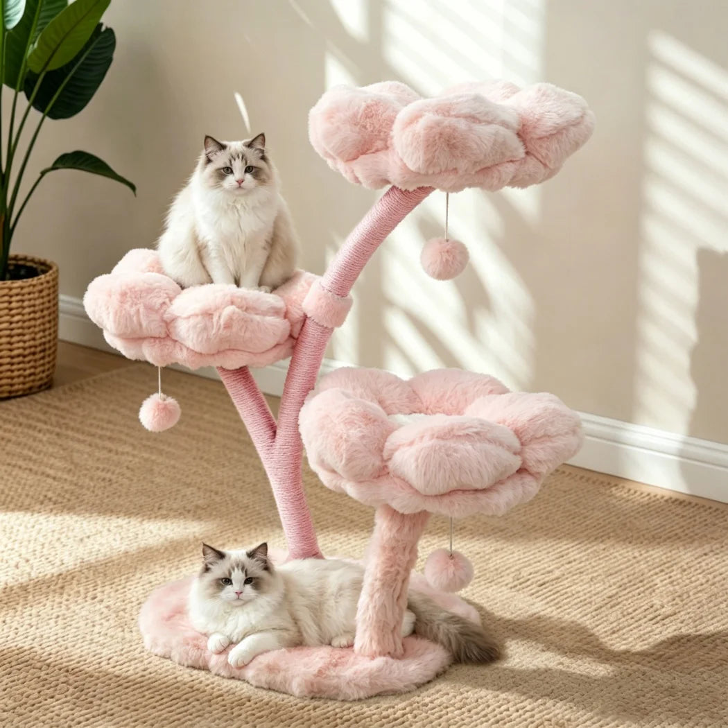 105cm Tall Pink Flower Cat Tree Tower with Scratching Post Wood Branch Cat Cushioned Bed Hanging Ball Toy
