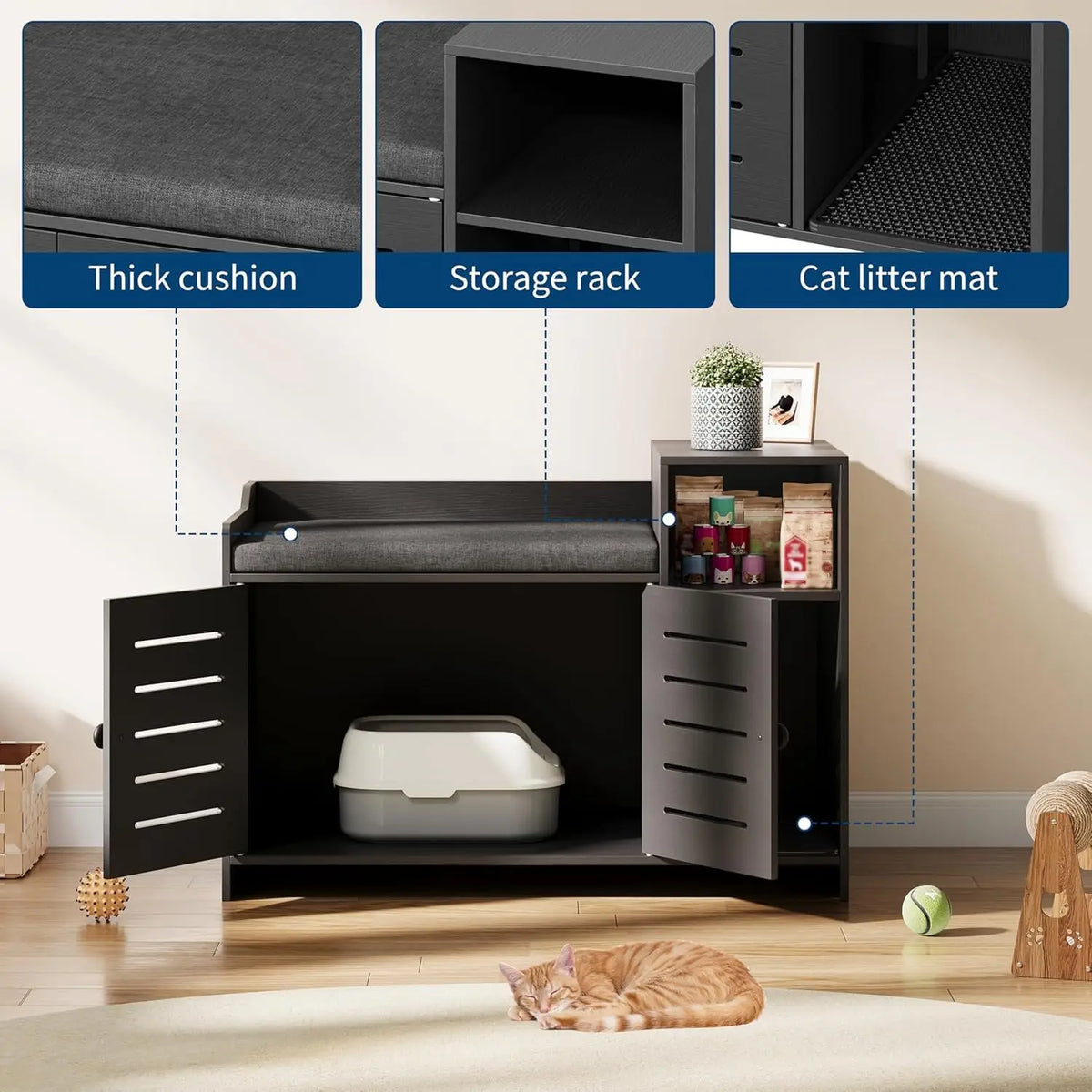 Farmhouse Cat Litter Box Enclosure Scratch Pad Storage Cabinet