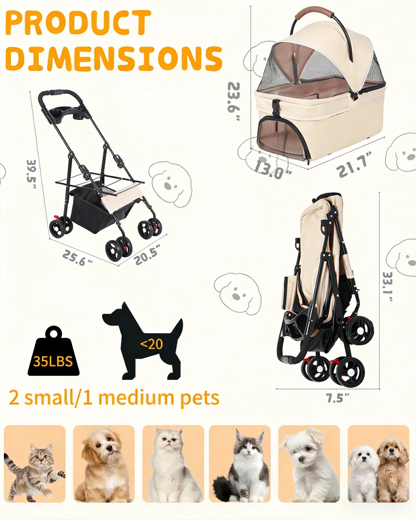 Cabusatly 2-In-1 Pet Stroller Foldable For Small Dogs And Cats