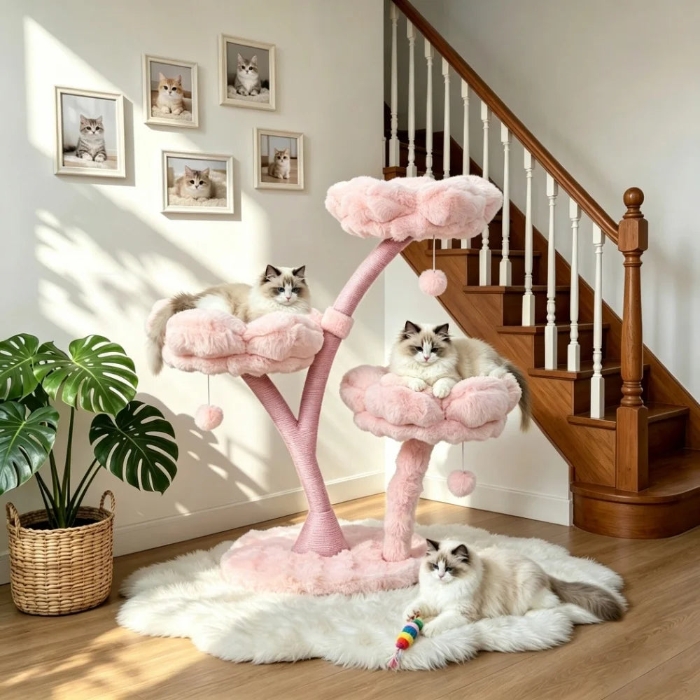 105cm Tall Pink Flower Cat Tree Tower with Scratching Post Wood Branch Cat Cushioned Bed Hanging Ball Toy