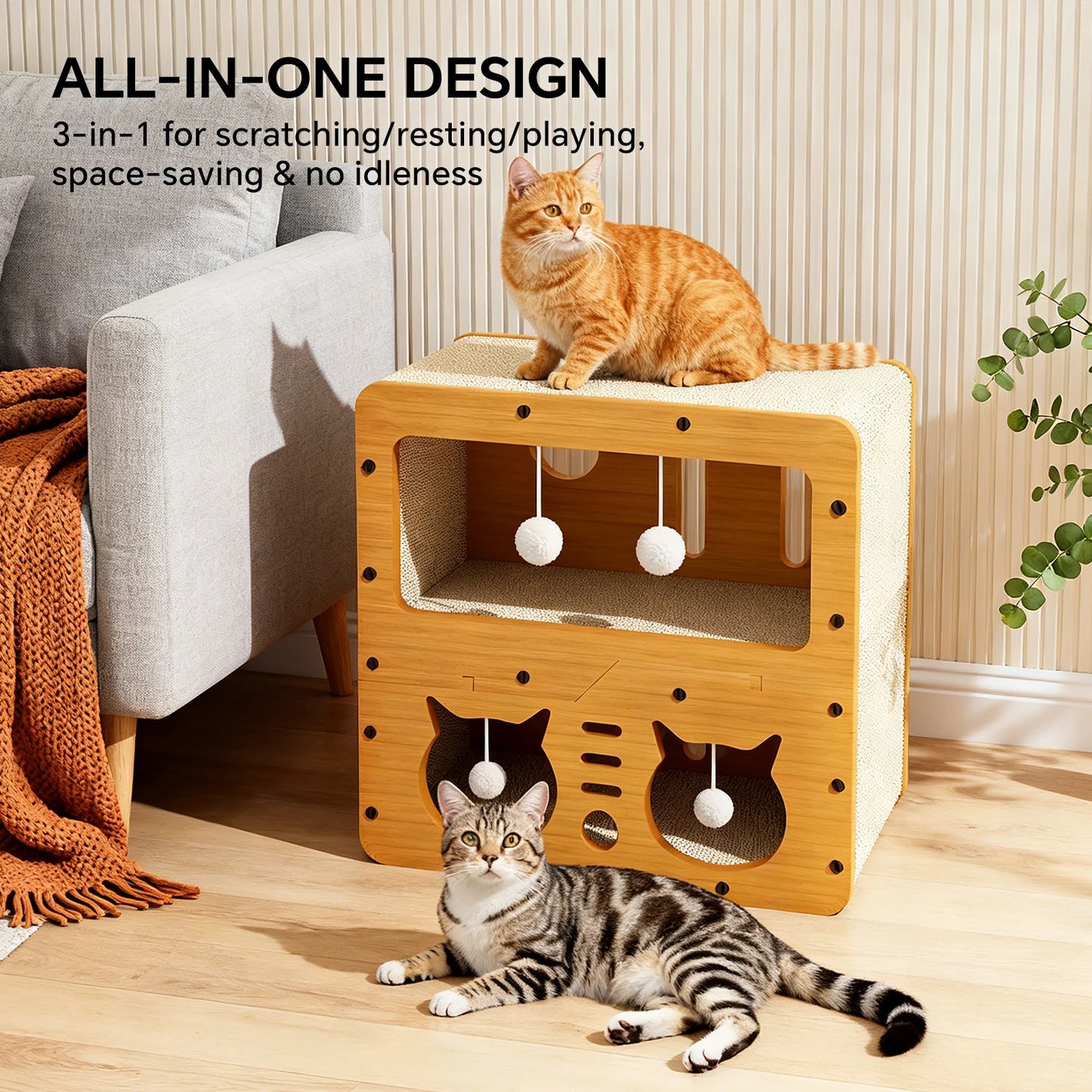 Cardboard Cat House Two Tier Scratcher With Toys For Cats