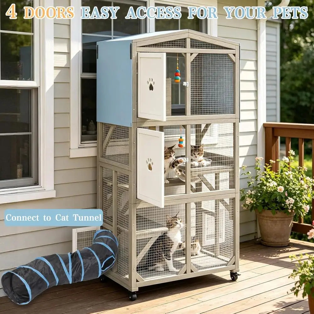Weatherproof Wooden Cat Catio Enclosure Featuring Three Platforms and Mobility