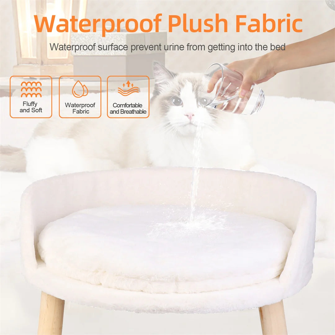 Luxury Soft Warm Plush Cat Bed Nesting Chair with Wood Legs Washable Waterproof Cushion Pad Pet Bed for Small Animals