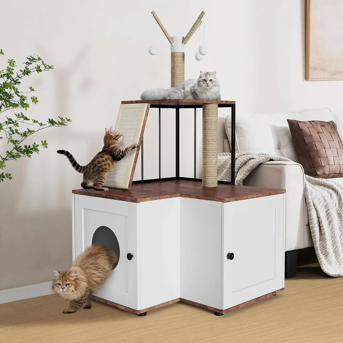 Garvee Wooden L Shaped Cat Tree Scratching Post Storage Cabinet