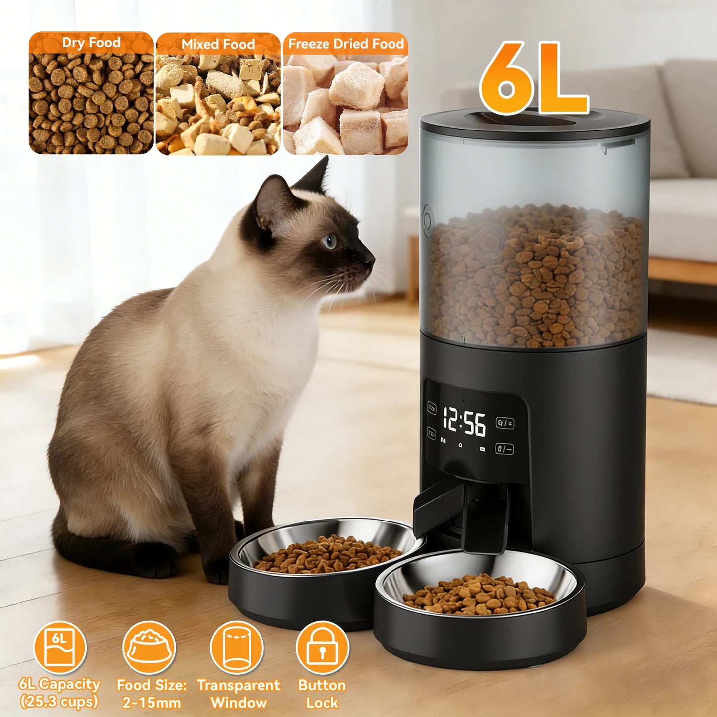 JHK 6L Automatic Cat Feeder with 2 Stainless Bowls Timed Cat Food Dispenser Dual Power Supply Dual Pet Feeder for Cat and Dog
