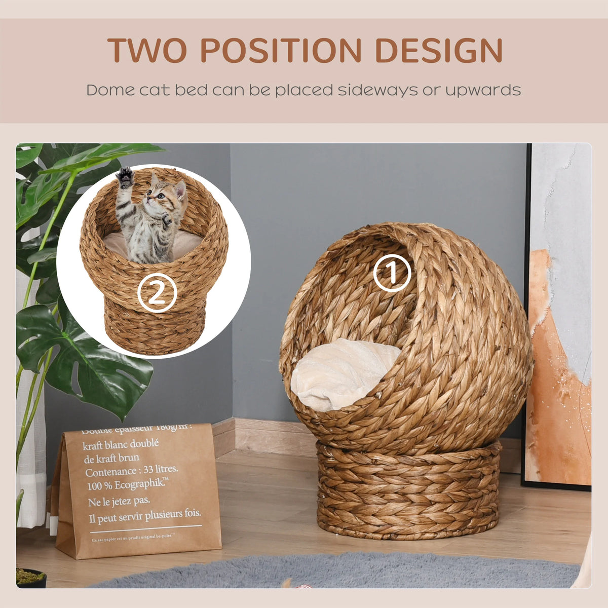 Rotatable Plush Cat Basket Bed With Comfy Wrap Style Cushion