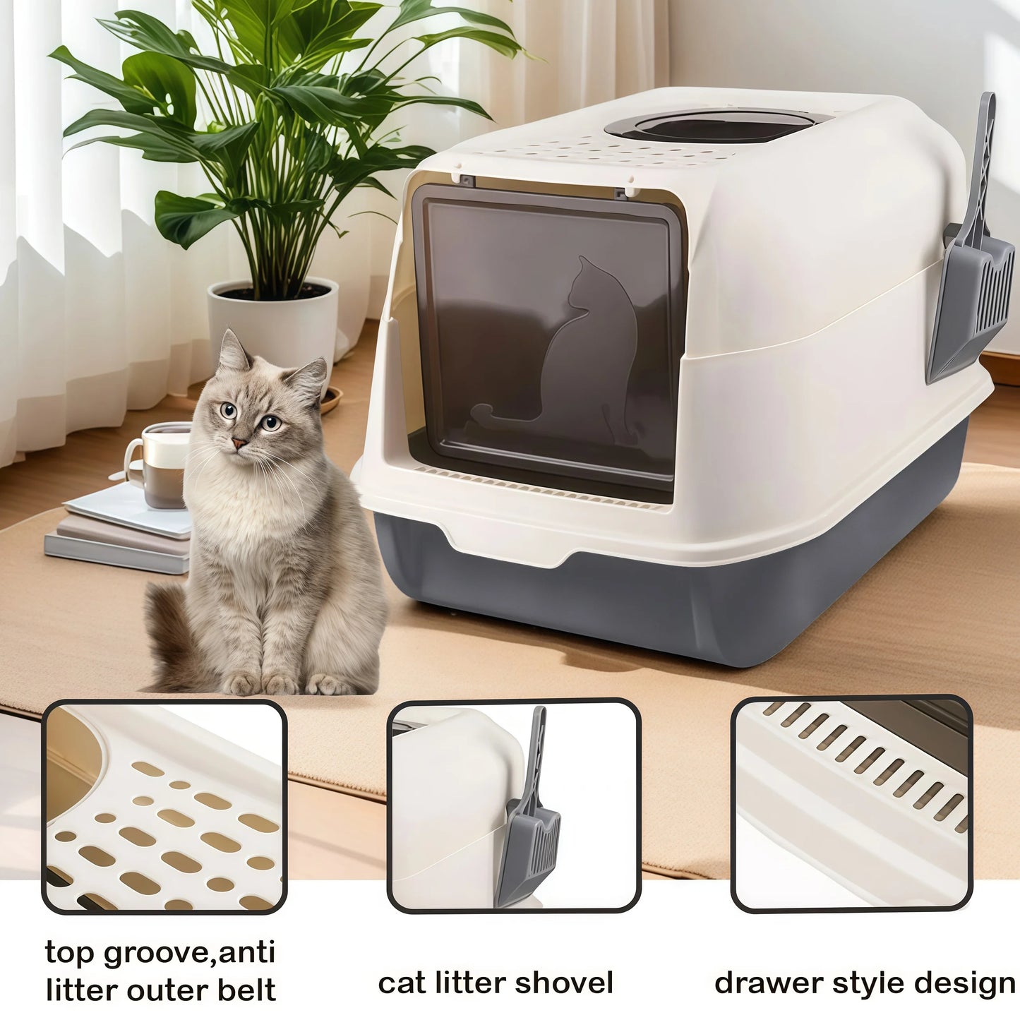 [Extra Large Cat Litter Box] Closed/Open Covered Litter Box with Litter Scoop, Detachable Lid, High Rim Splash-Proof Design,Easy
