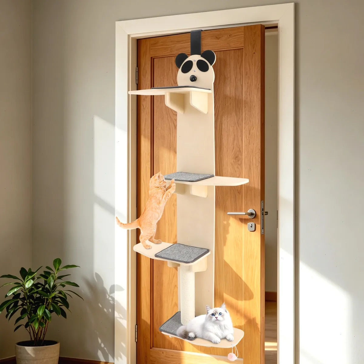 67inch Door Hanging Cat Tree, 4 Tiers Cat Climber with Strong Wood Shelves, Scratching Board, Teasing Ball, Indoor Vertical Cat Tower for Small Spaces