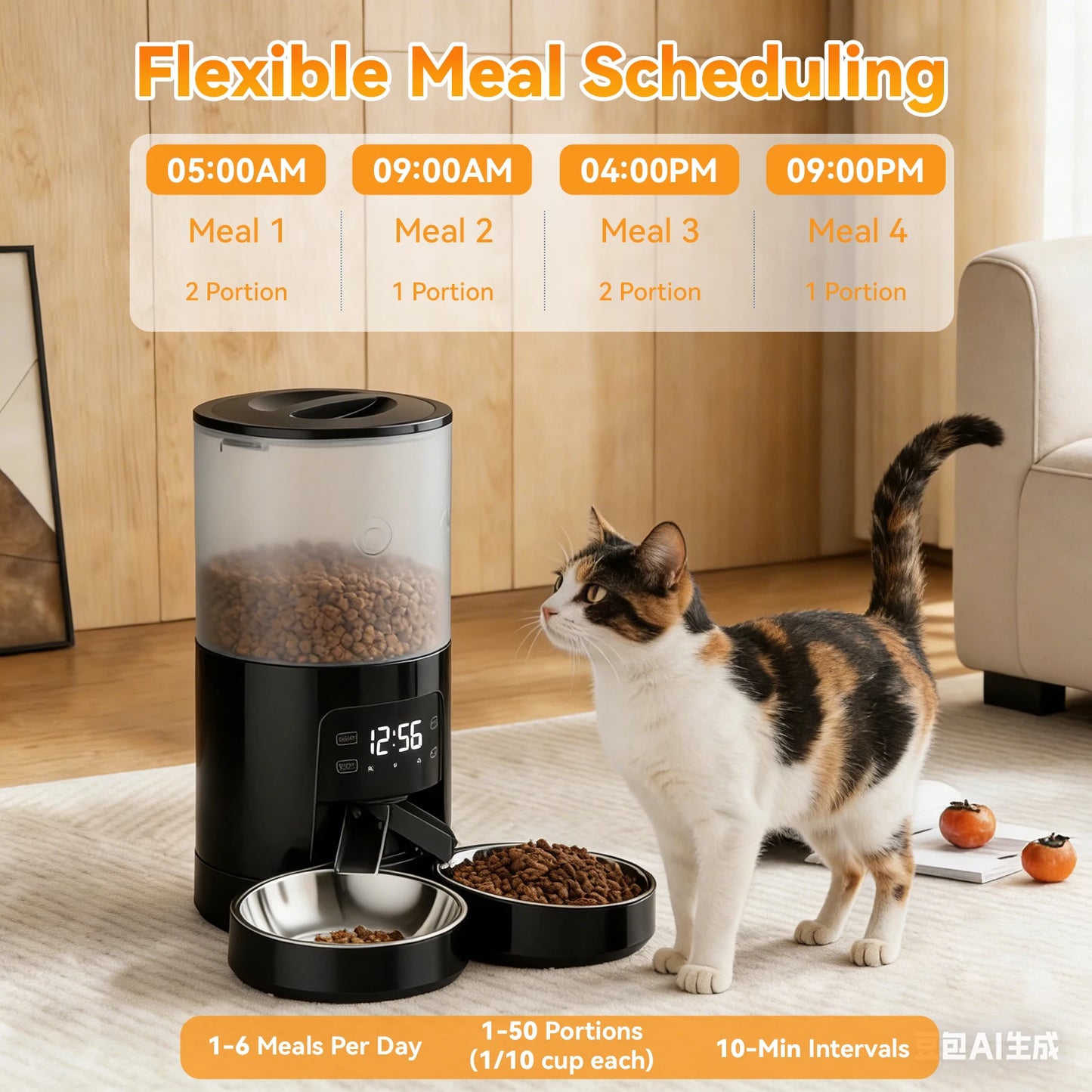 JHK 6L Automatic Cat Feeder with 2 Stainless Bowls Timed Cat Food Dispenser Dual Power Supply Dual Pet Feeder for Cat and Dog
