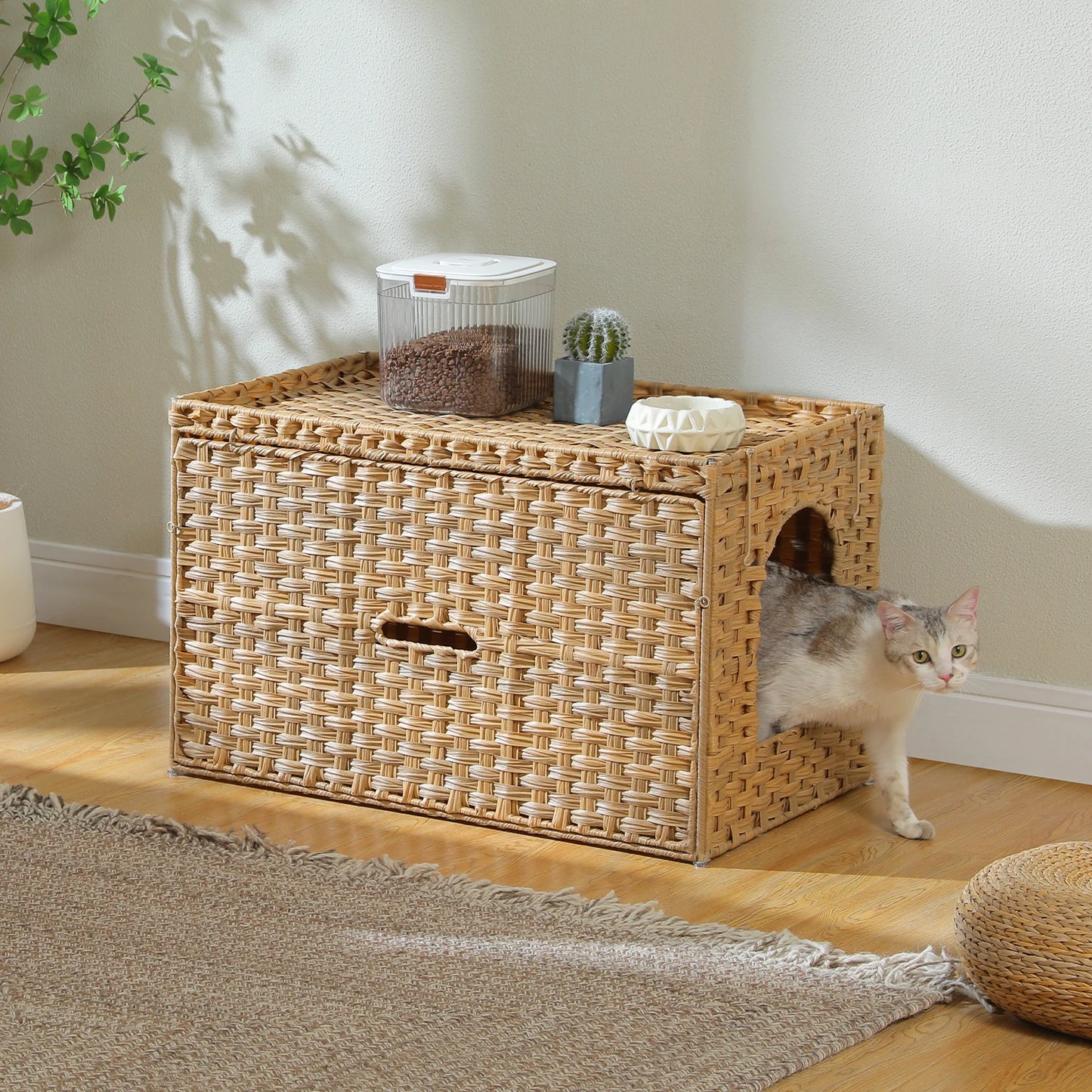 PEQULTI Rattan Cat Litter Box Enclosure With Taller Doorway