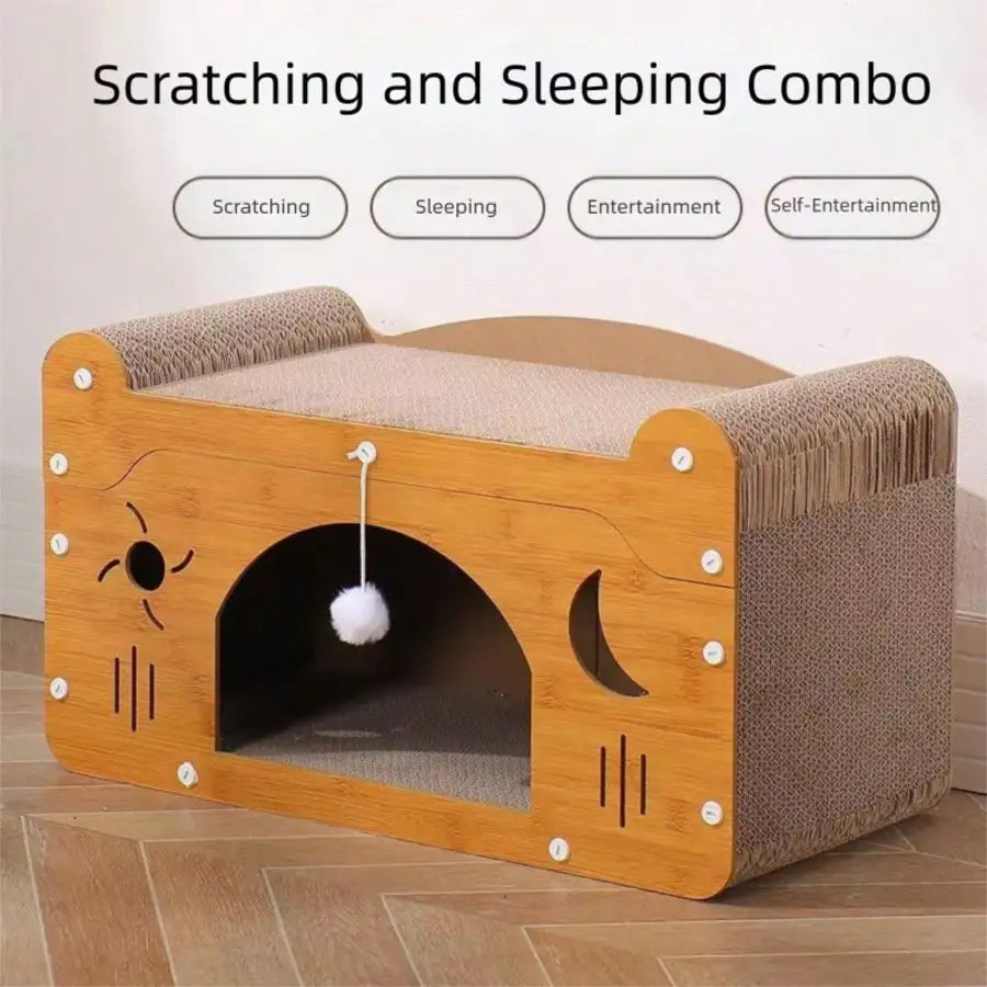 2 In 1 Double Layer Cardboard Cat Scratcher Lounge Bed Bubble Fish Star Moon Double Cat Head Pattern Detachable Upper Platform Cat Hideaway With 2 Hanging Pom Pom Balls For Multi Cat Households