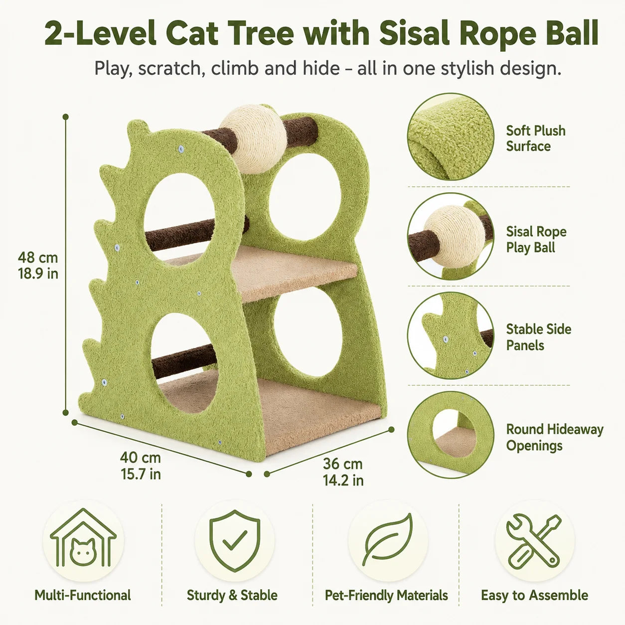 Two Level Indoor Cat Tree with Cozy Resting Platforms and Rotating Sisal Scratching Ball