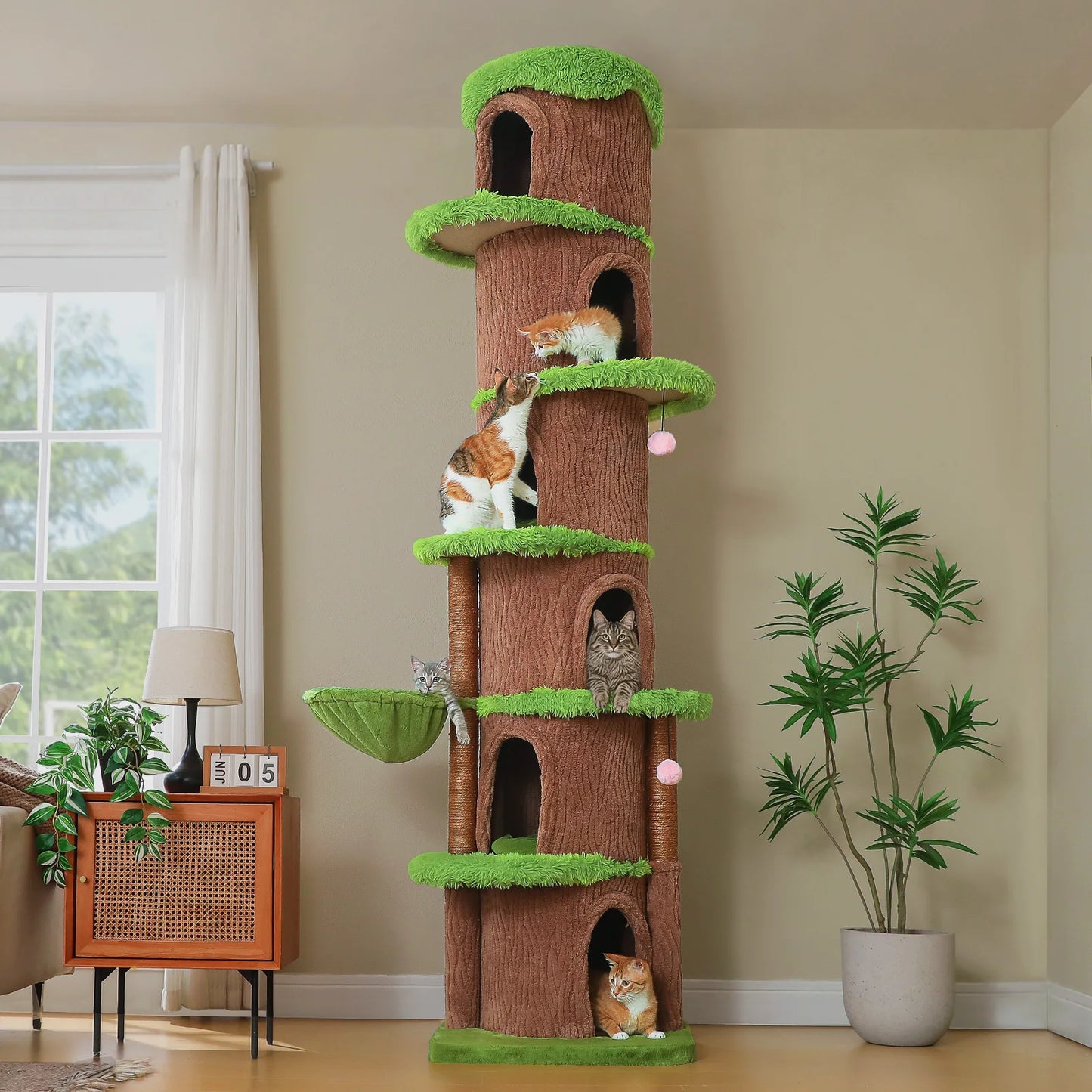 Floor to Ceiling Cat Tree with 6 Spacious Condos Sisal Scratching Posts Cozy Hammock Adjustable Height Large Cat Tower for Indoor Cats Multi-Level Cat House Bed Cat Toys