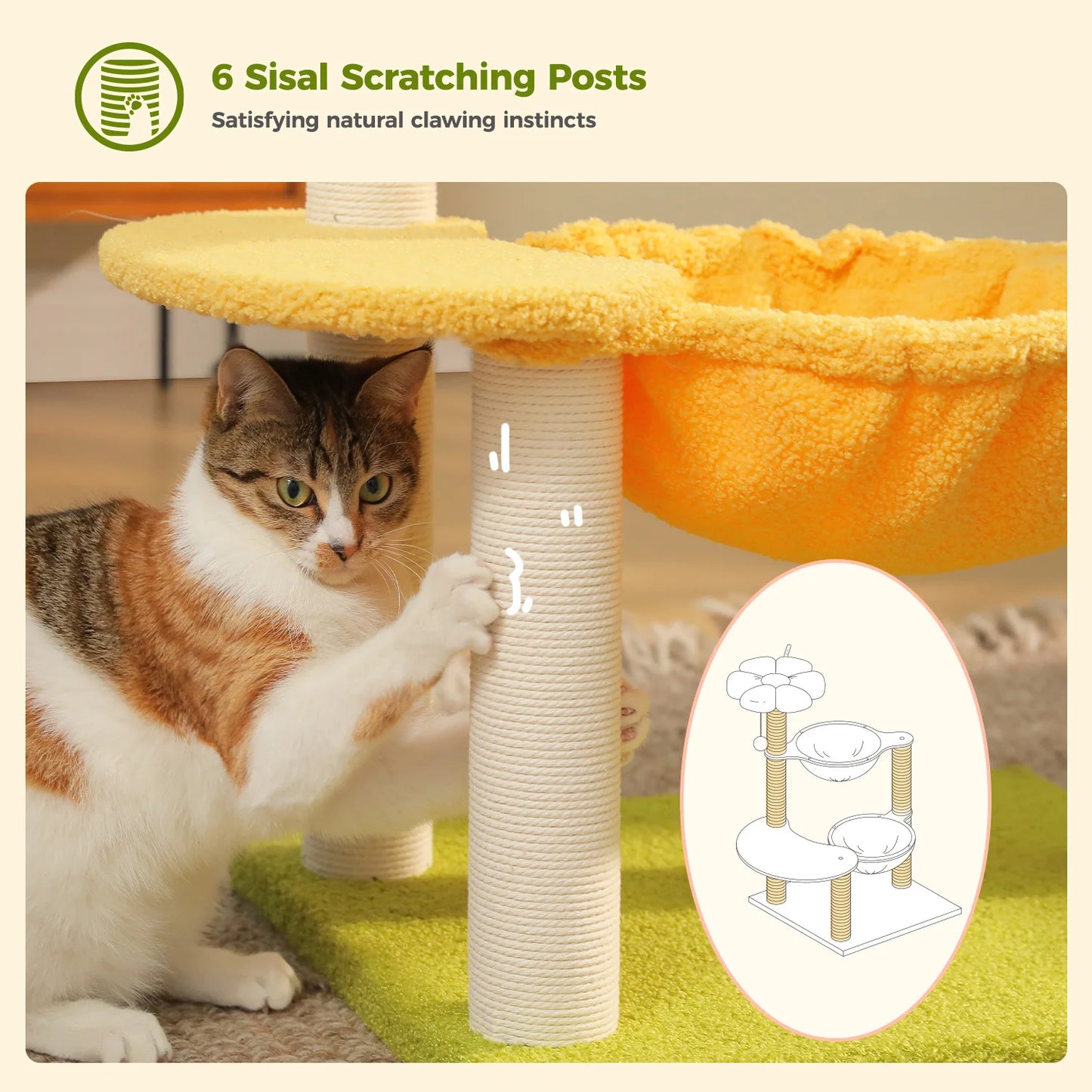 Flower Cat Tree with 2 Cozy Hammocks Sisal Scratching Posts Soft Top Perch Small Cat Tower for Indoor Kitty Cat Furniture Cat Toys