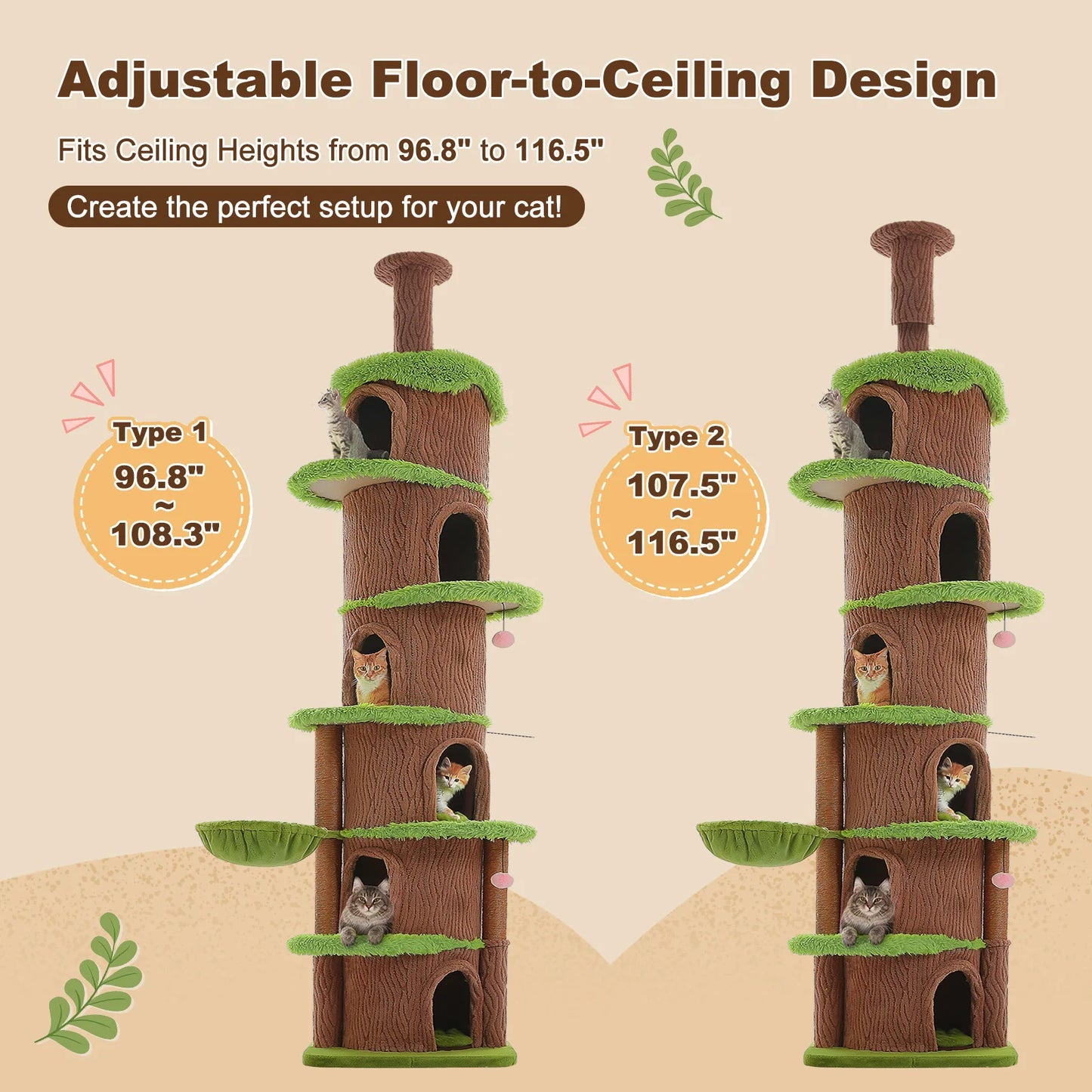 Floor to Ceiling Cat Tree with 6 Spacious Condos Sisal Scratching Posts Cozy Hammock Adjustable Height Large Cat Tower for Indoor Cats Multi-Level Cat House Bed Cat Toys