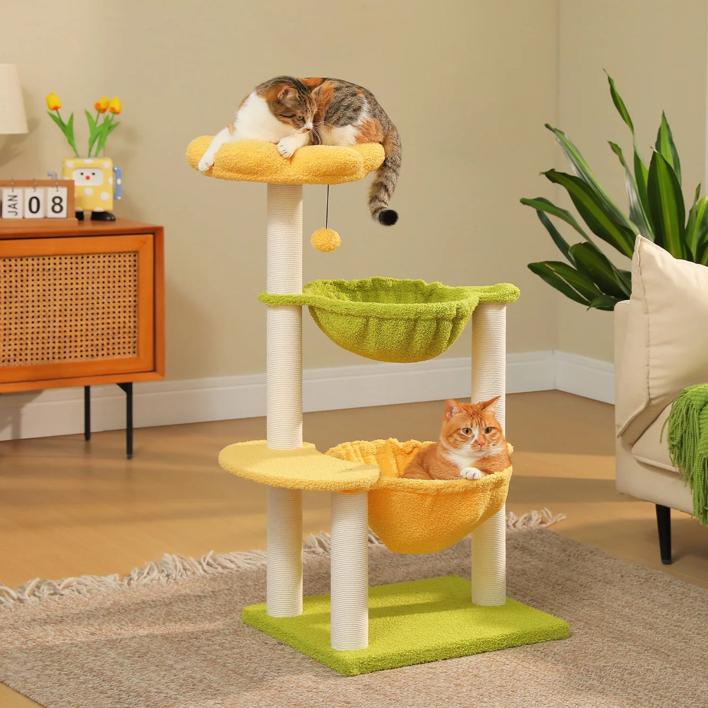Flower Cat Tree with 2 Cozy Hammocks Sisal Scratching Posts Soft Top Perch Small Cat Tower for Indoor Kitty Cat Furniture Cat Toys