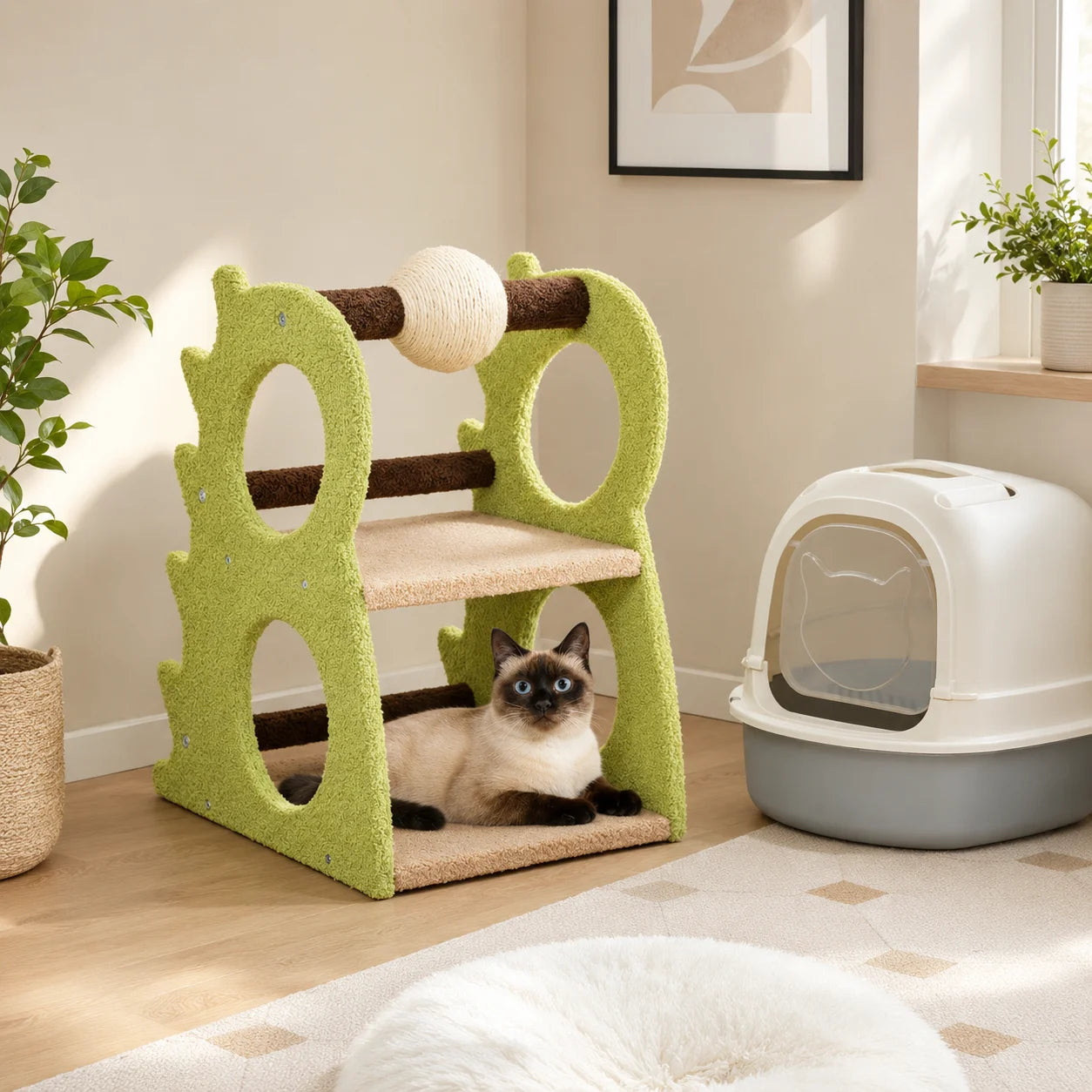 Two Level Indoor Cat Tree with Cozy Resting Platforms and Rotating Sisal Scratching Ball