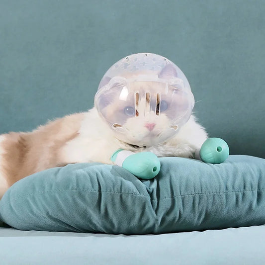 1Set Cat Muzzle Pet Grooming Cover Accessory Cat Anti Bite Anti Licking Space Hood Breathable Helmet with 4 Silicone Paw Shoes