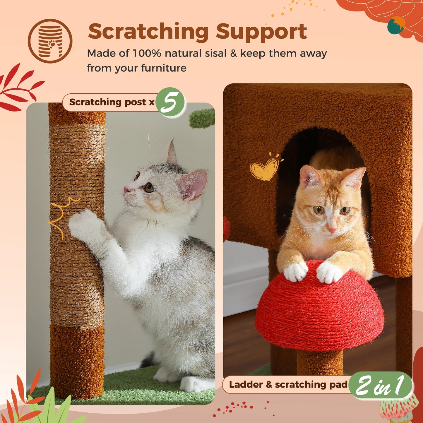 PETEPELA Cat Tree Floor To Ceiling Tower With Condo Hammock