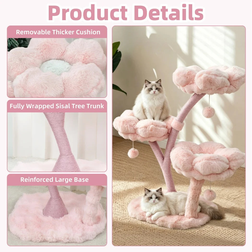 105cm Tall Pink Flower Cat Tree Tower with Scratching Post Wood Branch Cat Cushioned Bed Hanging Ball Toy