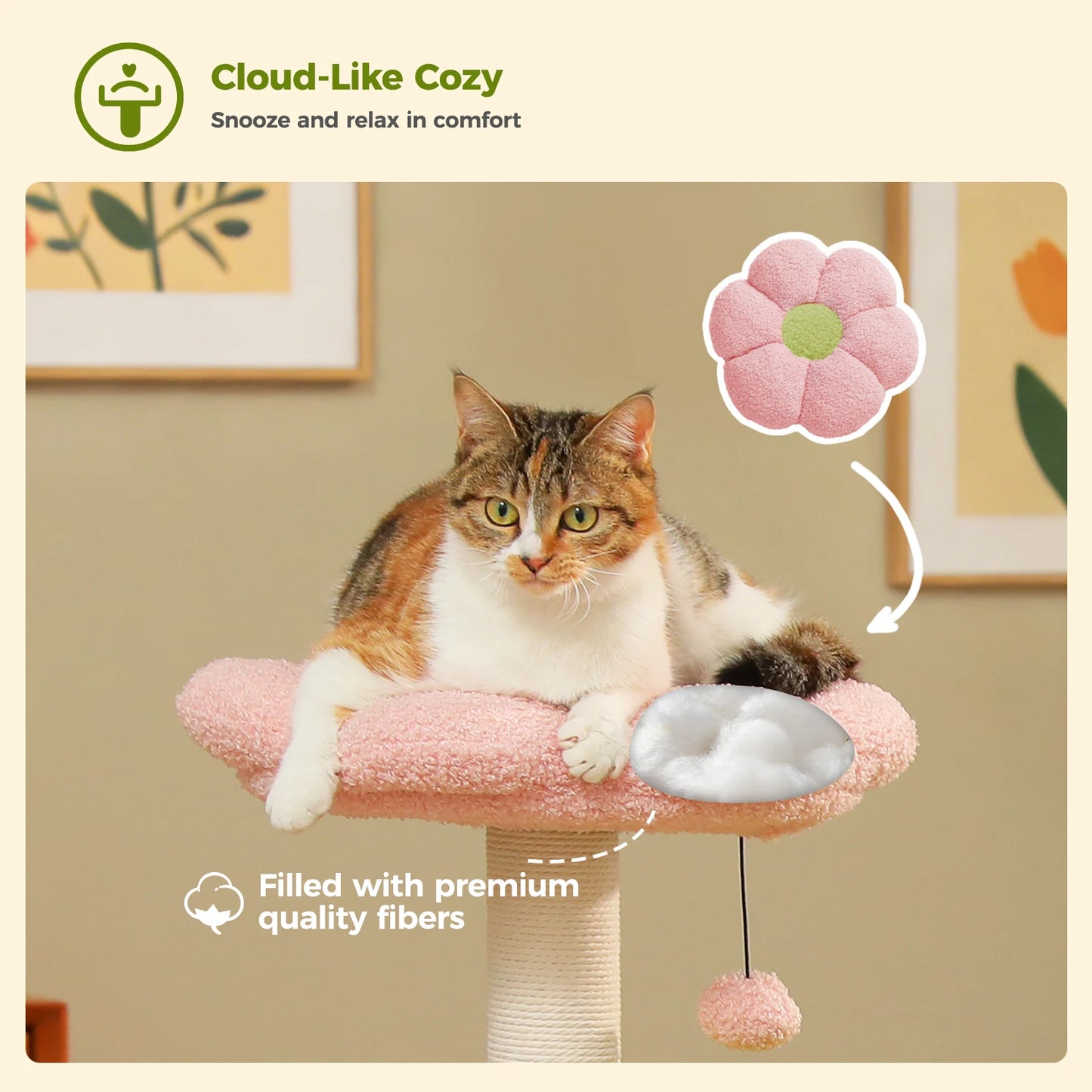 Flower Cat Tree with 2 Cozy Hammocks Sisal Scratching Posts Soft Top Perch Small Cat Tower for Indoor Kitty Cat Furniture Cat Toys