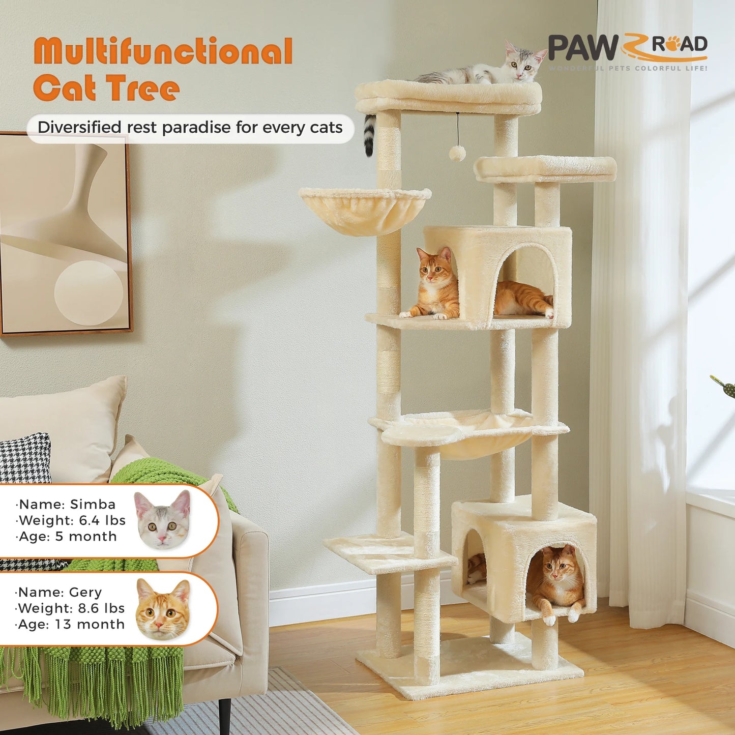PAWZ Road Tall Cat Tree With Hammock And Scratching Posts
