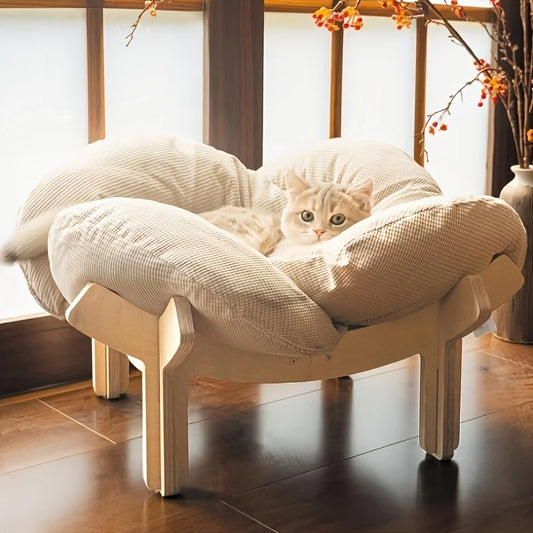 Raised Wooden Cat Bed With Cushion For Indoor Use