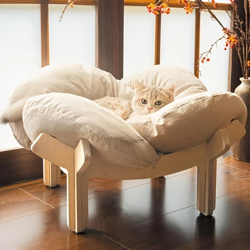 Raised Wooden Cat Bed with a Soft Cushion; Cozy Pet Sofa Designed for Indoor Use; an Elevated Lounging Spot Ideal for Small Dogs