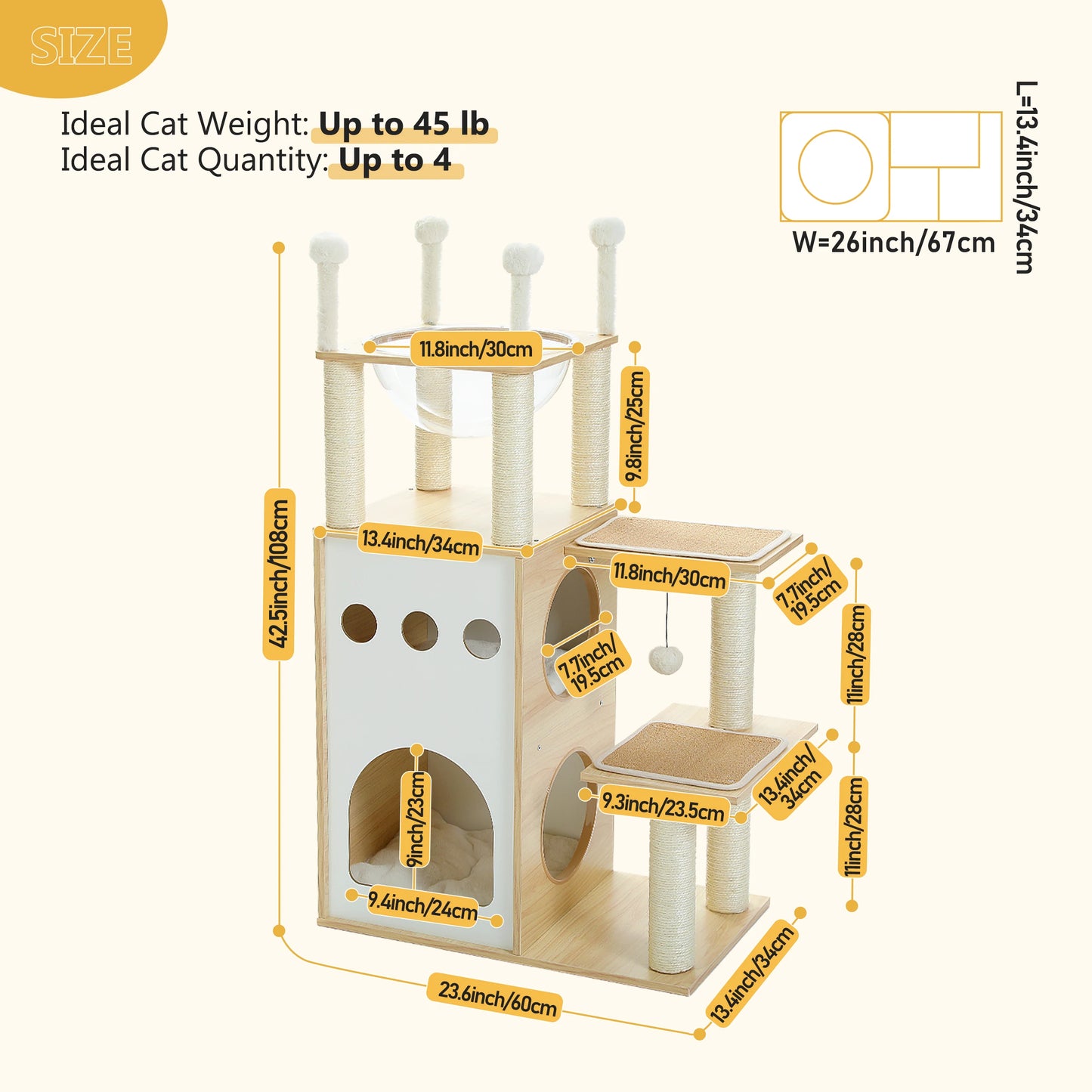 PETEPELA Modern Cat Tree Tower With Two Floor Condo And Scratching Posts