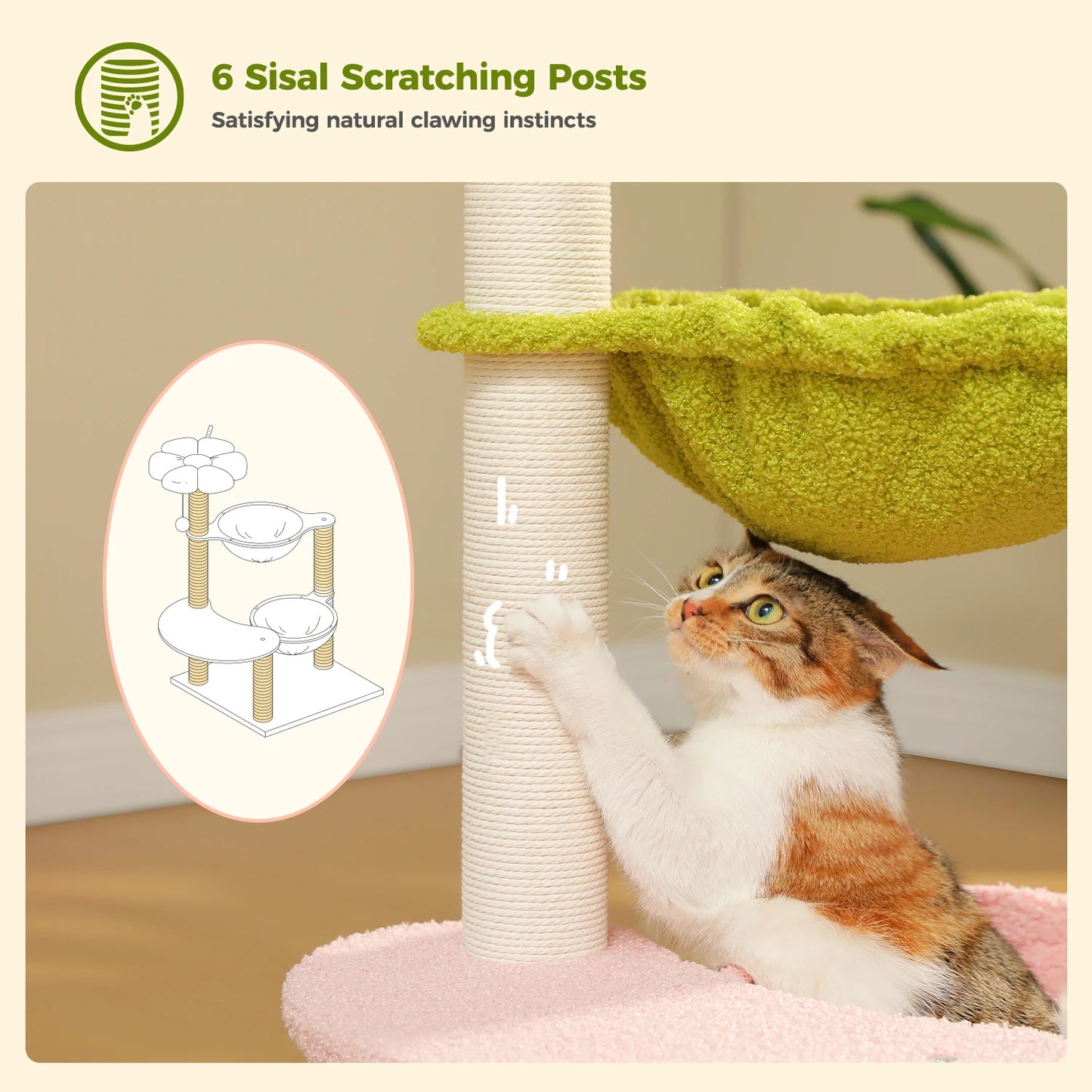 Flower Cat Tree with 2 Cozy Hammocks Sisal Scratching Posts Soft Top Perch Small Cat Tower for Indoor Kitty Cat Furniture Cat Toys