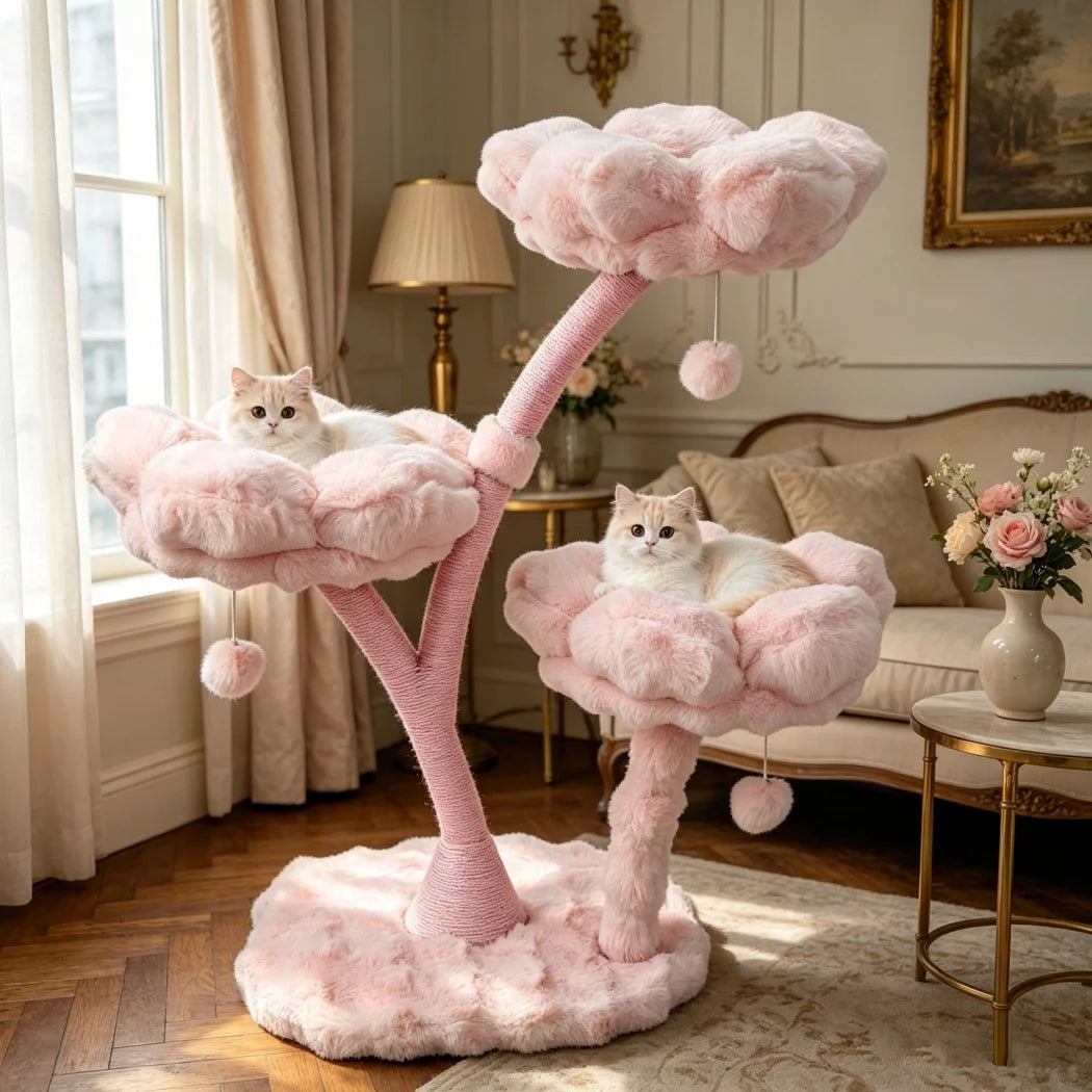 105cm Tall Pink Flower Cat Tree Tower with Scratching Post Wood Branch Cat Cushioned Bed Hanging Ball Toy
