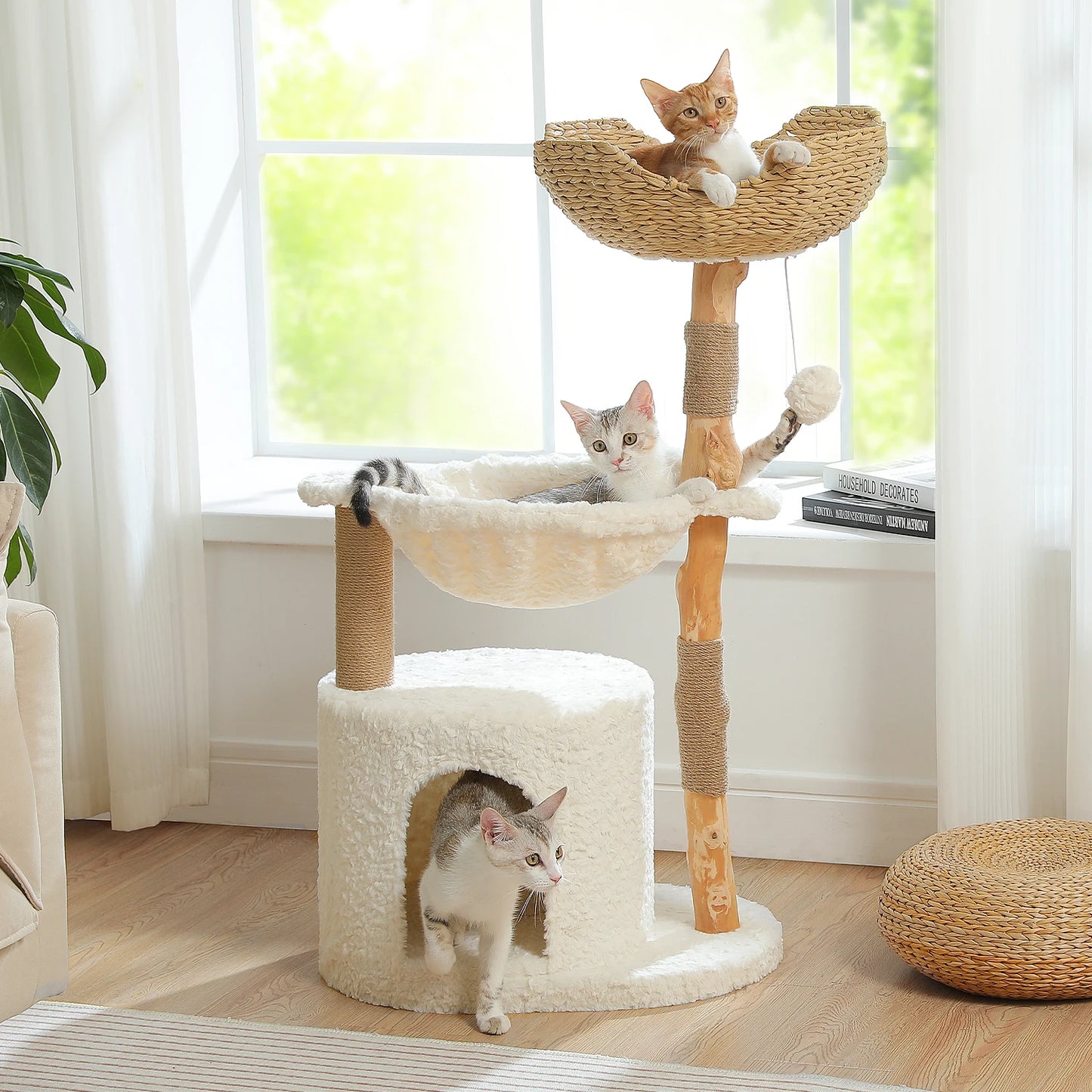 PAWZ Road Modern Cat Tree Tower With Solid Wood Scratching Posts And Basket