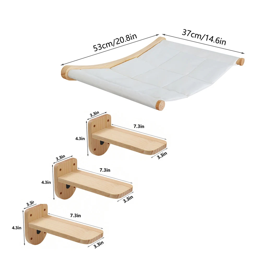 Wall Mounted Cat Hammock Set Multi Functional Climbing Shelves Perches Sisal Scratching Wooden Steps Ladder Large Cat Furniture Kit for Indoor Cats Sleeping Playing