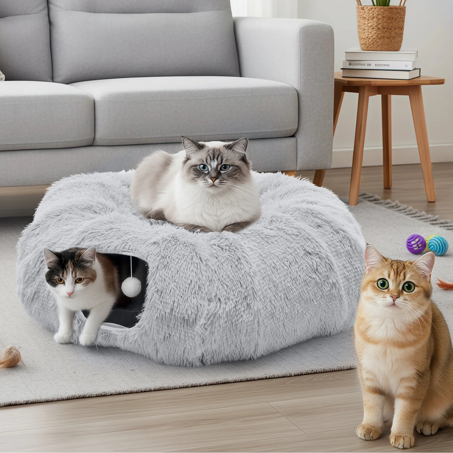 JHK Cat Tunnel Bed for Indoor with Soft Plush Washable Multifunctional Playground Under Tree Pet Toys for Kittens Puppy