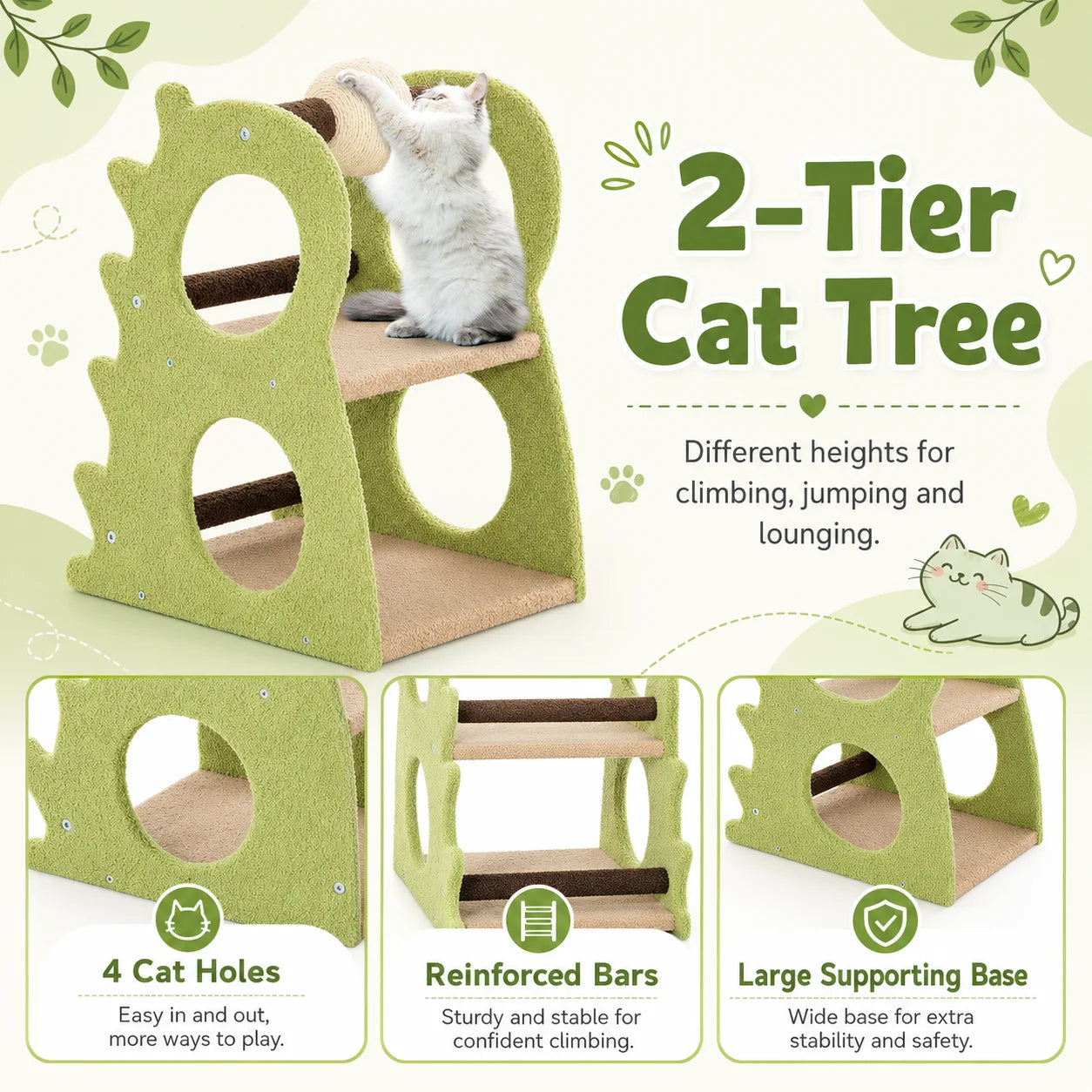 Two Level Indoor Cat Tree with Cozy Resting Platforms and Rotating Sisal Scratching Ball
