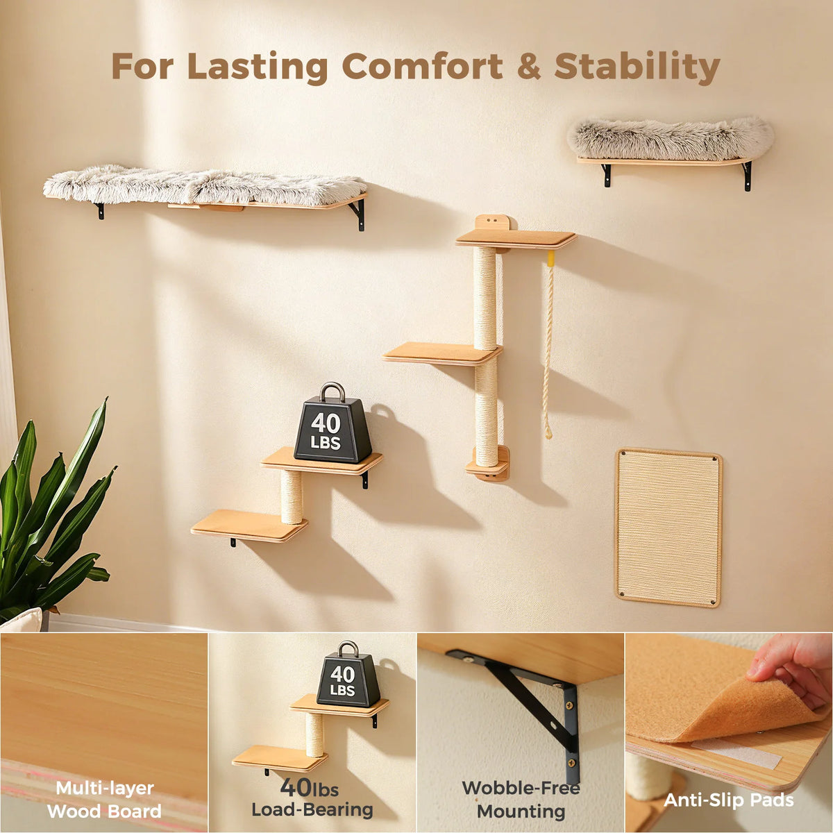 PAWZ Road Wooden Cat Wall Climbing Shelves With Scratching Posts