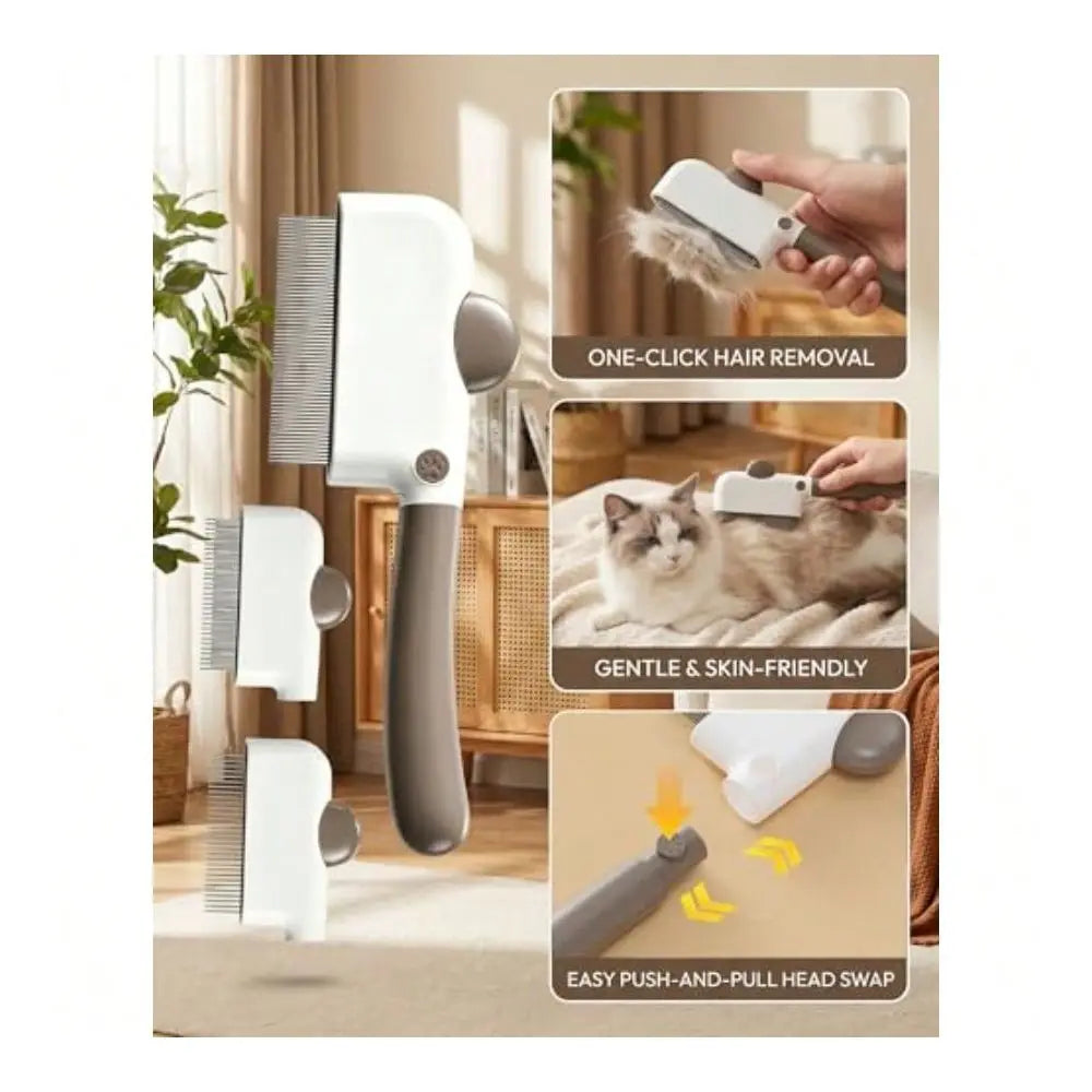 Pet Hair Removal Comb, Interchangeable Cat Brush With Release Button Cat Brush For Indoor Cats, Dog Brush And Pet Grooming Brus